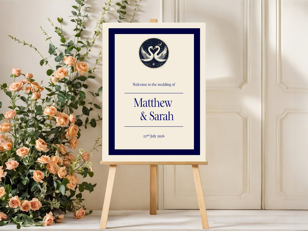 Celestial Swan In Love Wedding Welcome Sign – Double Sided Moon Keepsake Print