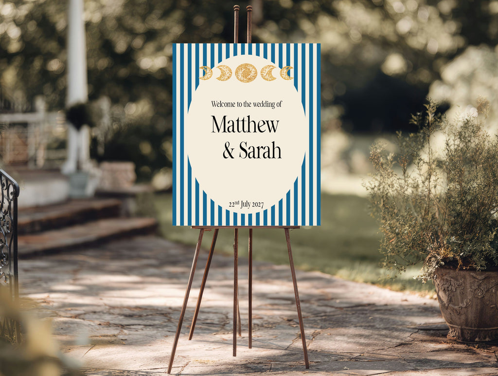 Alternative Celestial Striped Moon & Sun Wedding Sign – Double Sided Forever Print | Blue