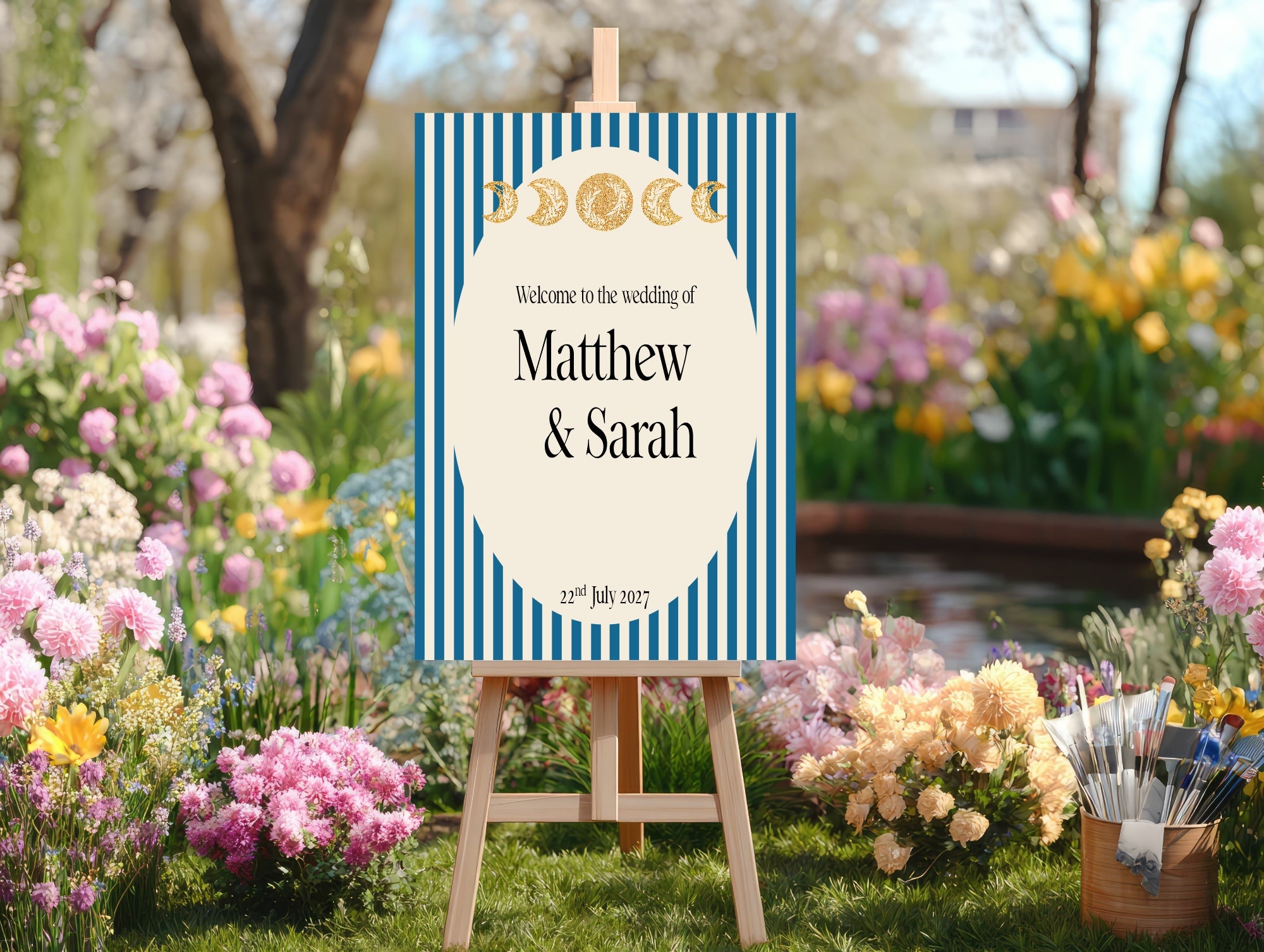 Alternative Celestial Striped Moon & Sun Wedding Sign – Double Sided Forever Print | Blue