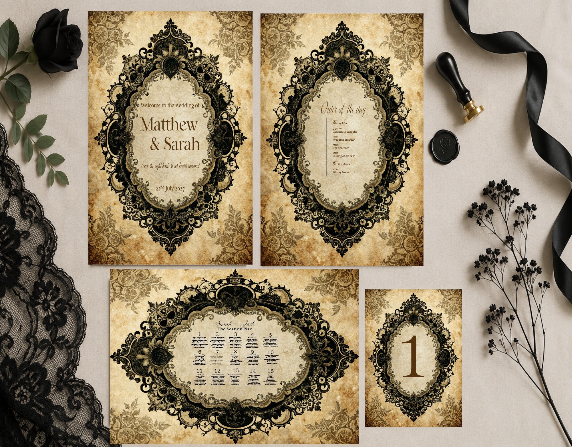 Black Lace Oval Frame Wedding Invitation Suite Bundle