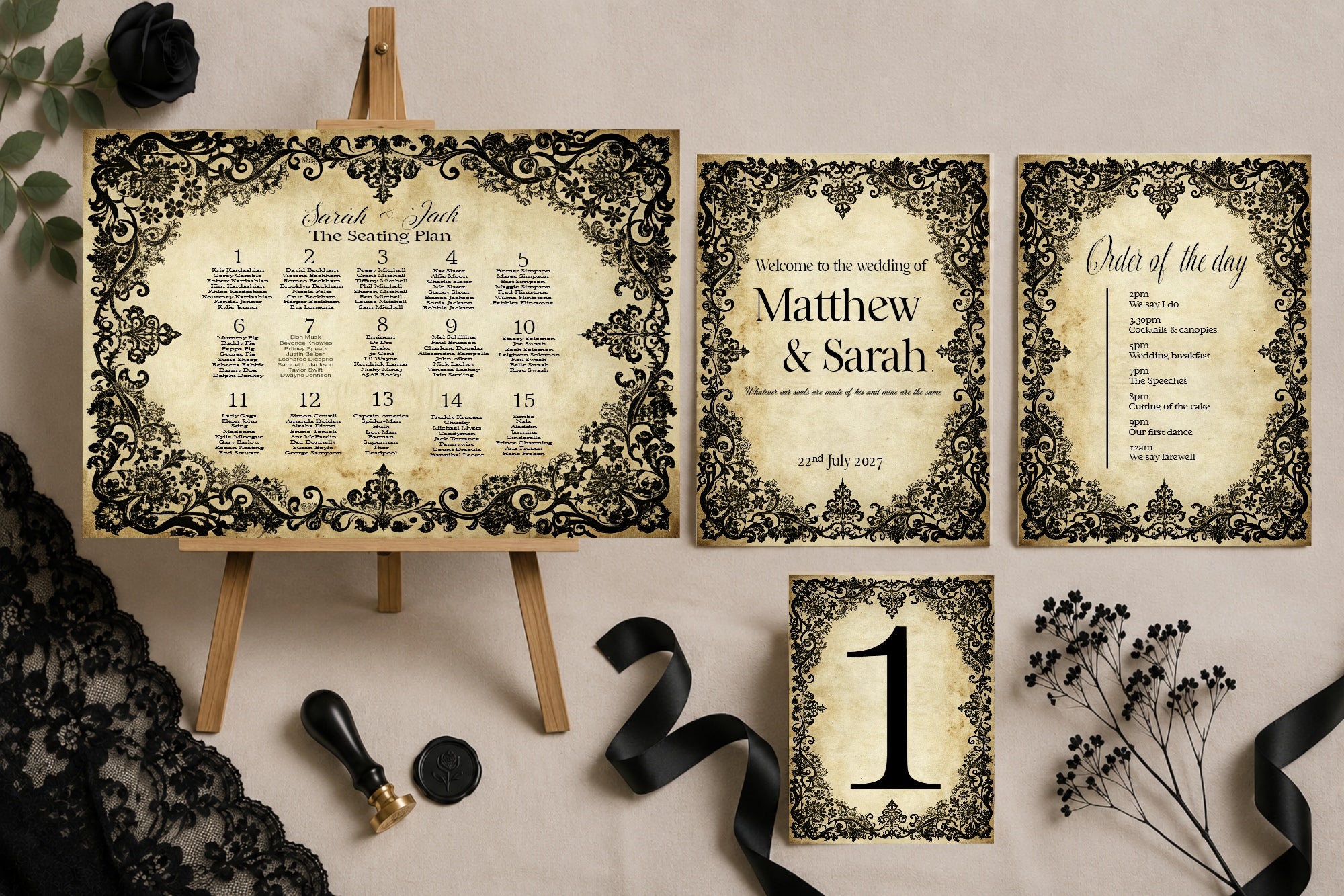 Black Lace Personalised Wedding Keepsake Print
