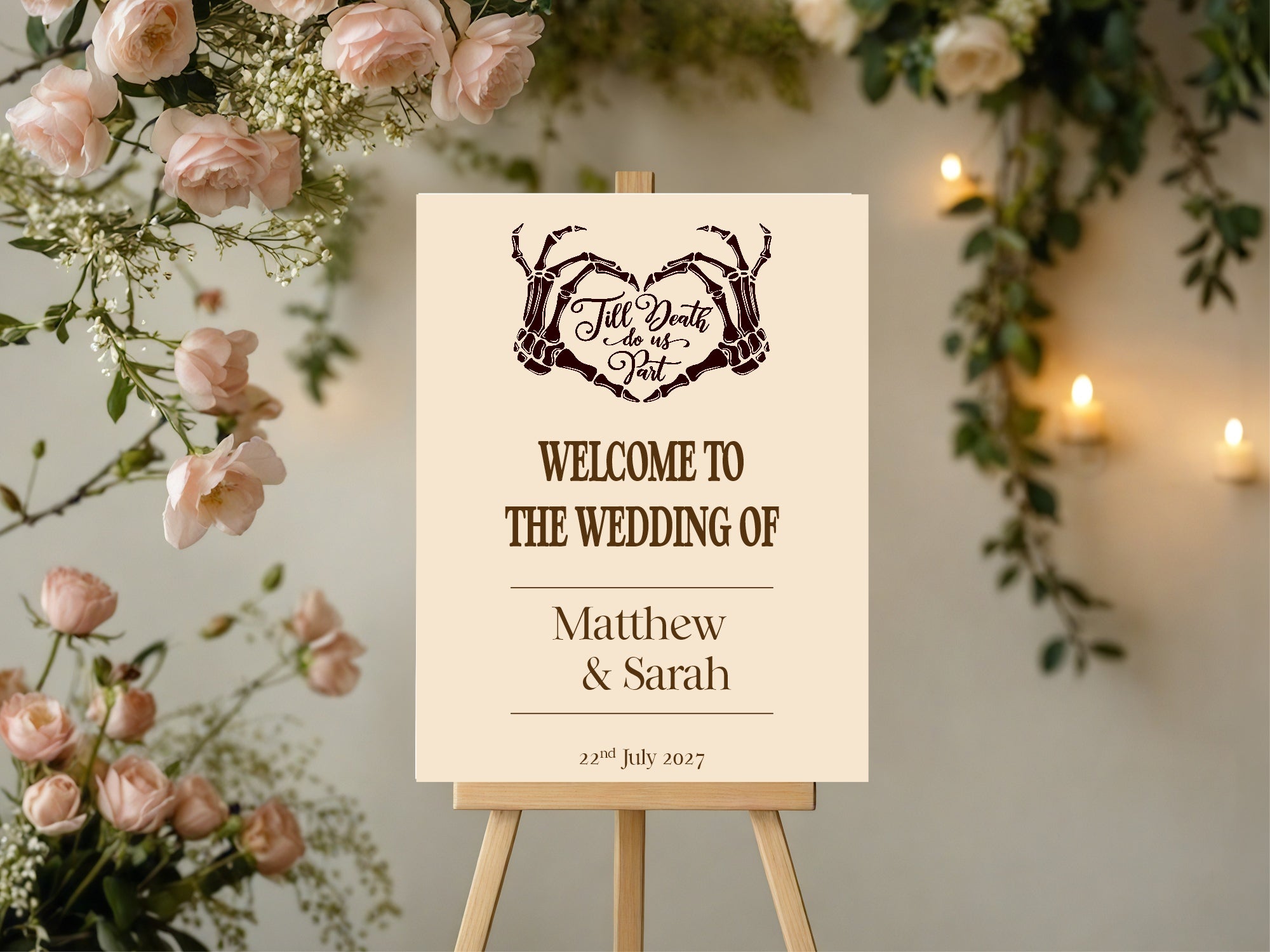 Gothic Dark Romance Skeleton Heart Tarot Card Double Sided Forever Wedding Sign | Beige