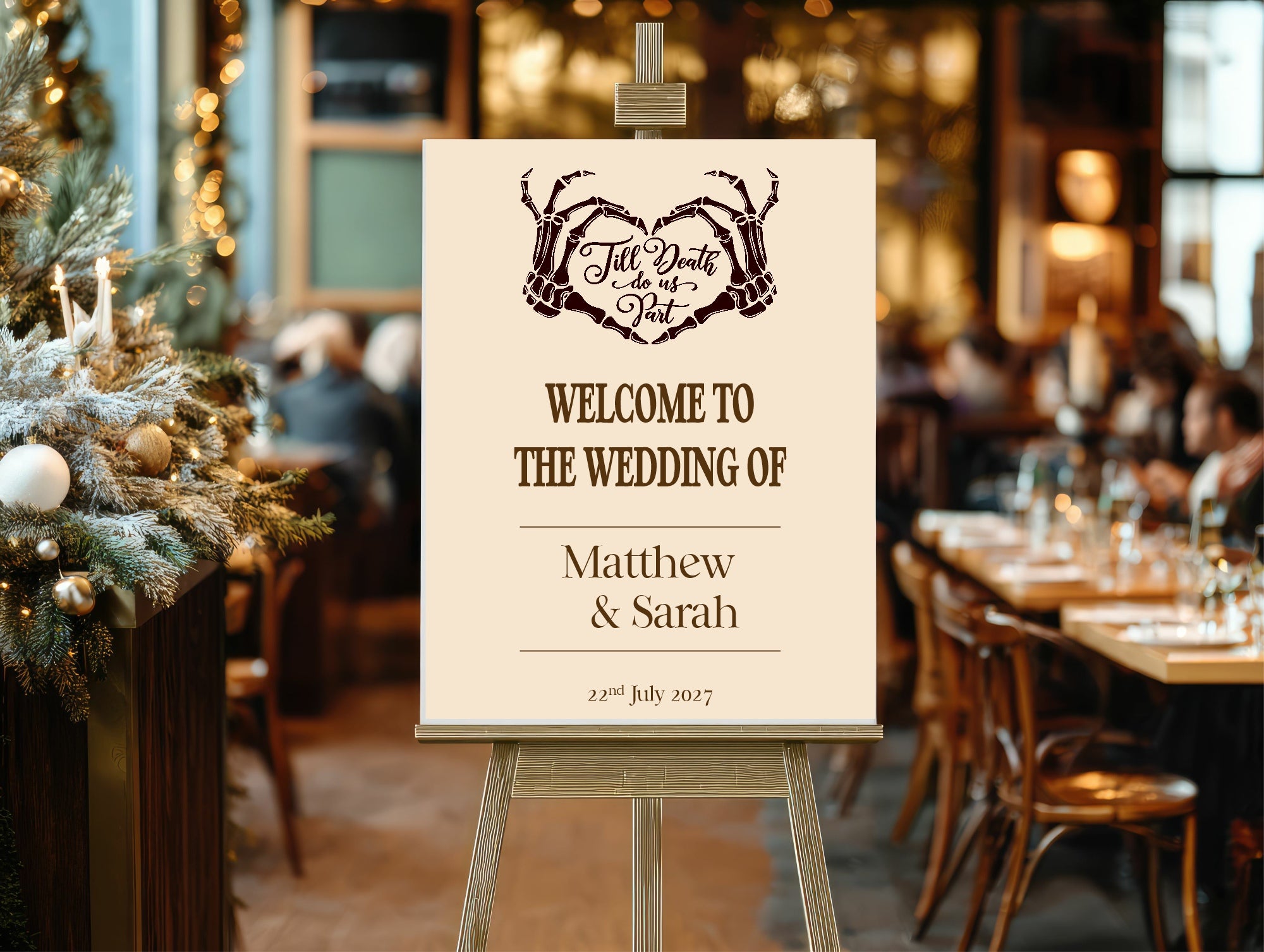 Gothic Dark Romance Skeleton Heart Tarot Card Double Sided Forever Wedding Sign | Beige