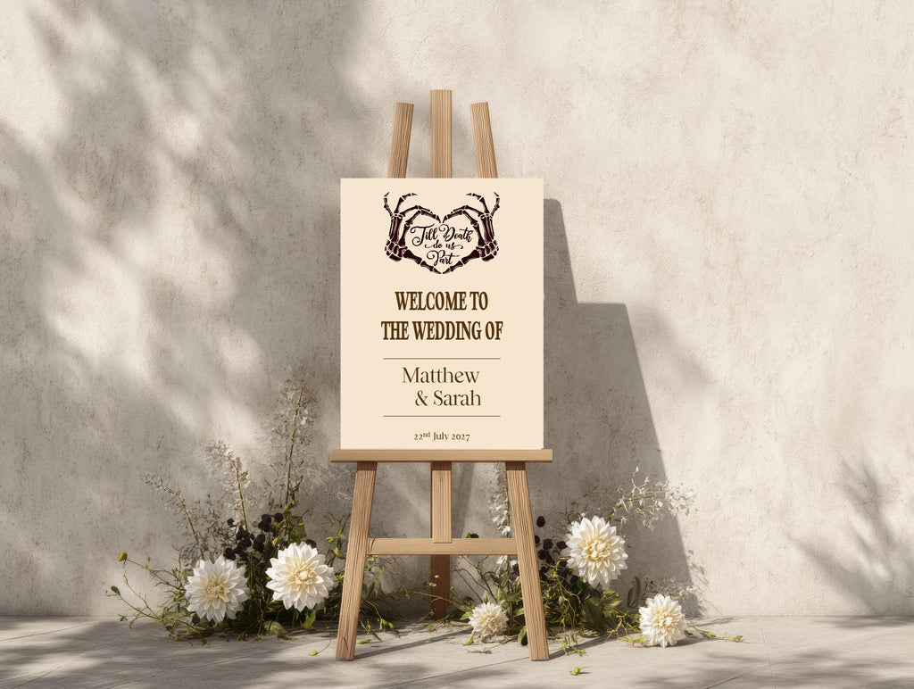 Gothic Dark Romance Skeleton Heart Tarot Card Double Sided Forever Wedding Sign | Beige
