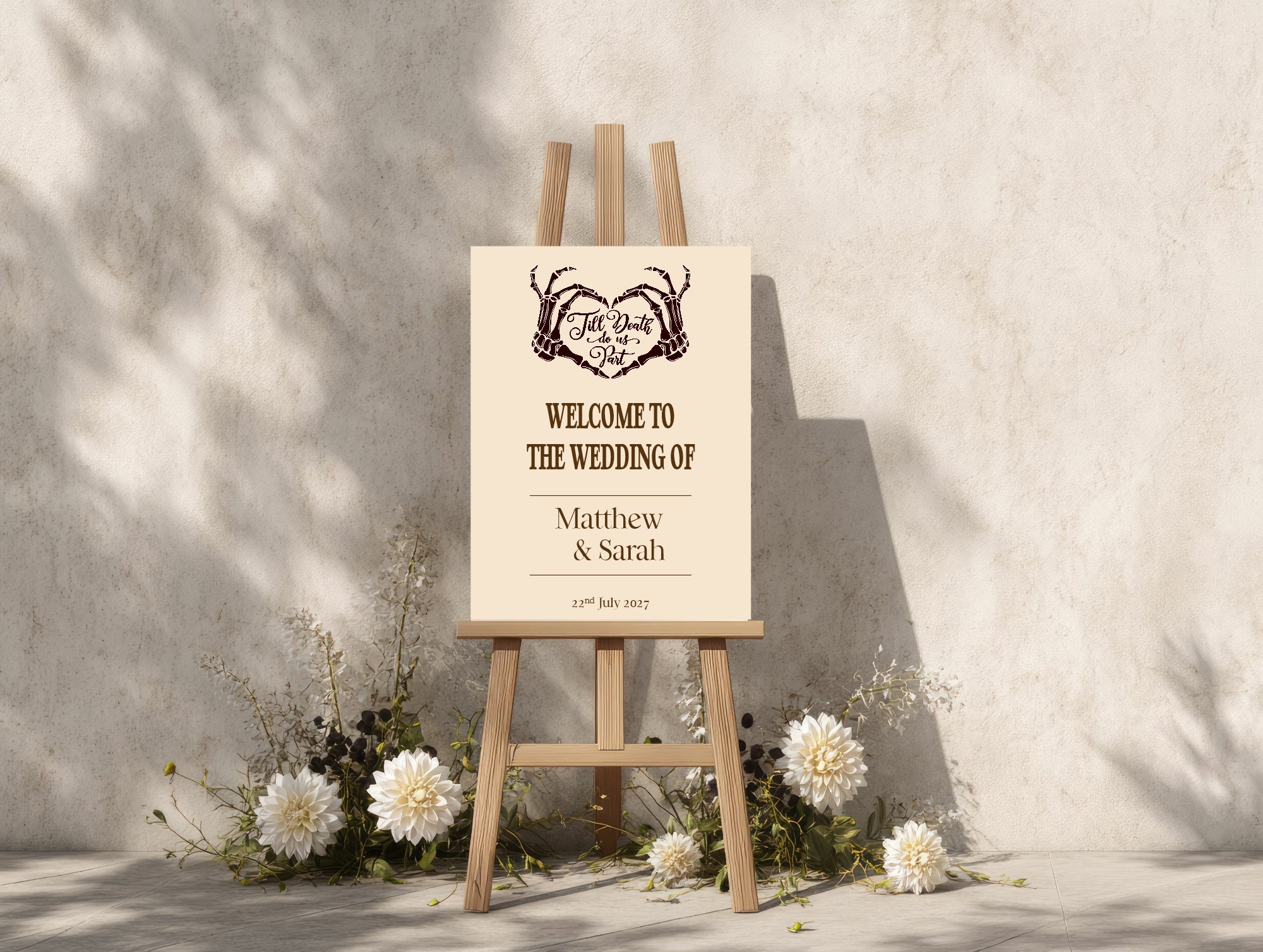 Gothic Dark Romance Skeleton Heart Tarot Card Double Sided Forever Wedding Sign | Beige