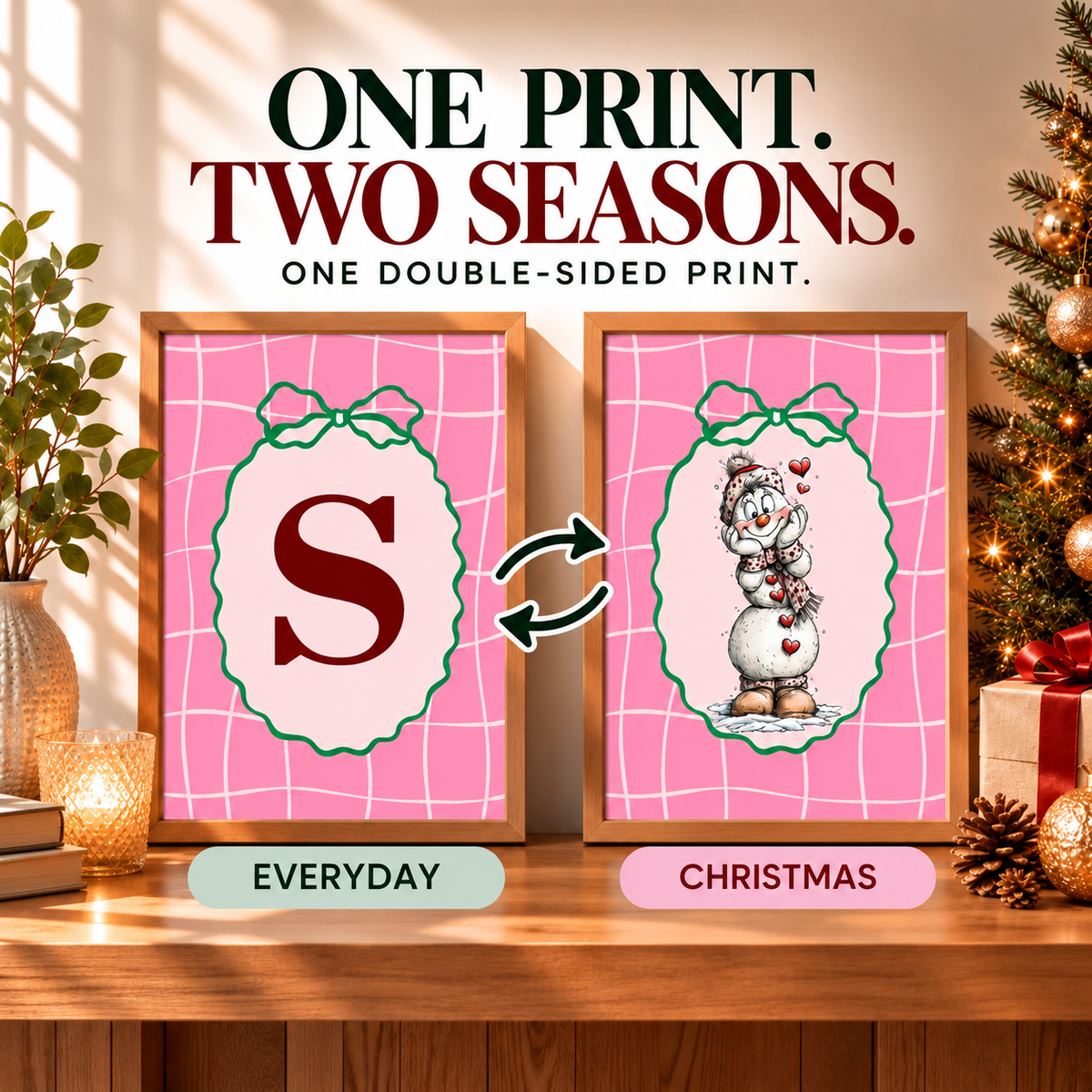 Personalised Pink Check Snowman Forever Print | Double Sided