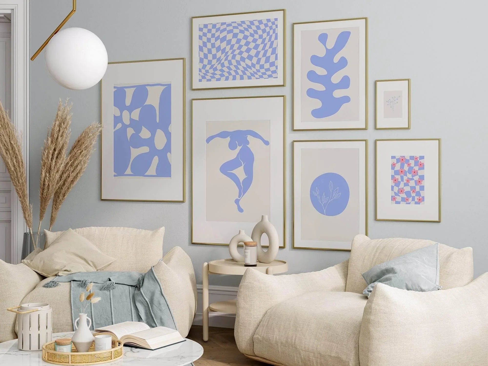 Checkered Pink Abstract Flowers Print | Modern Artwork | Blue - Larosier Prints