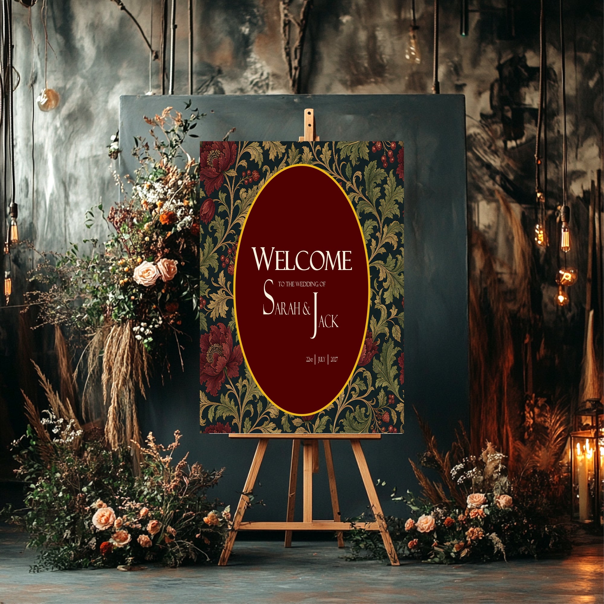 Victorian Winter Christmas Wedding Welcome Sign | Dark Romantic Floral