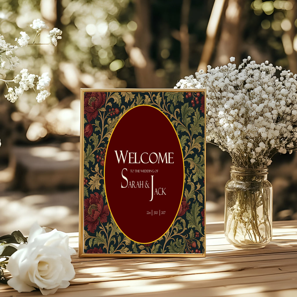 Victorian Winter Christmas Wedding Welcome Sign | Dark Romantic Floral