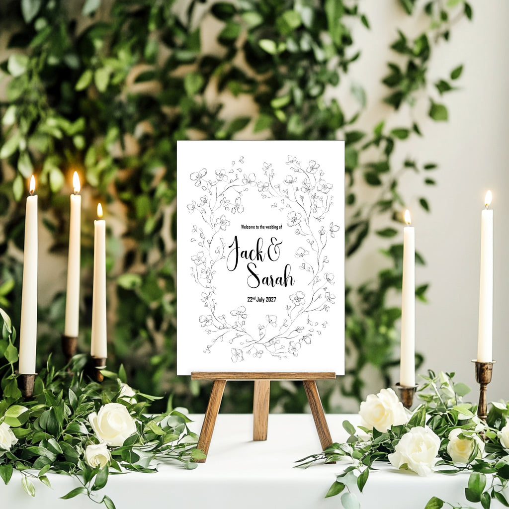 Monochrome Floral Wedding Welcome Sign