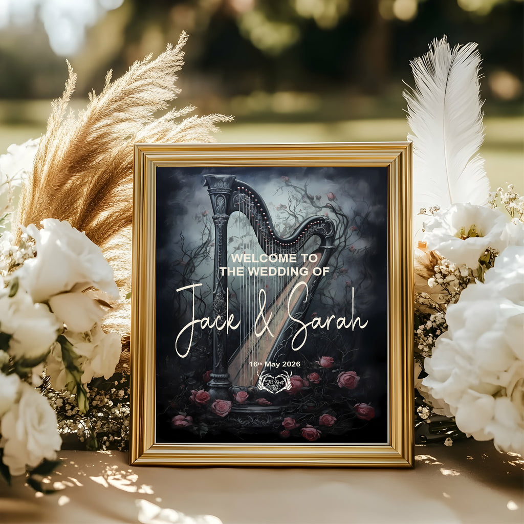 Gothic Floral Harp Welcome To Our Wedding Party Sign