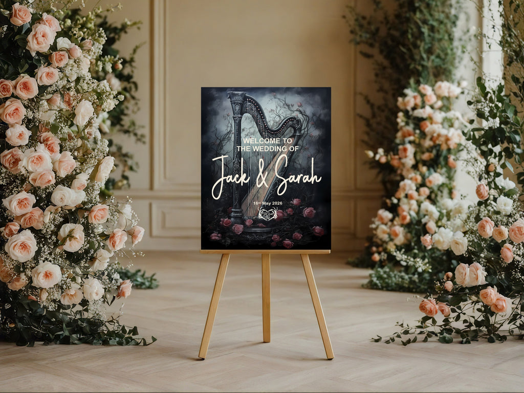Gothic Floral Harp Welcome To Our Wedding Party Sign