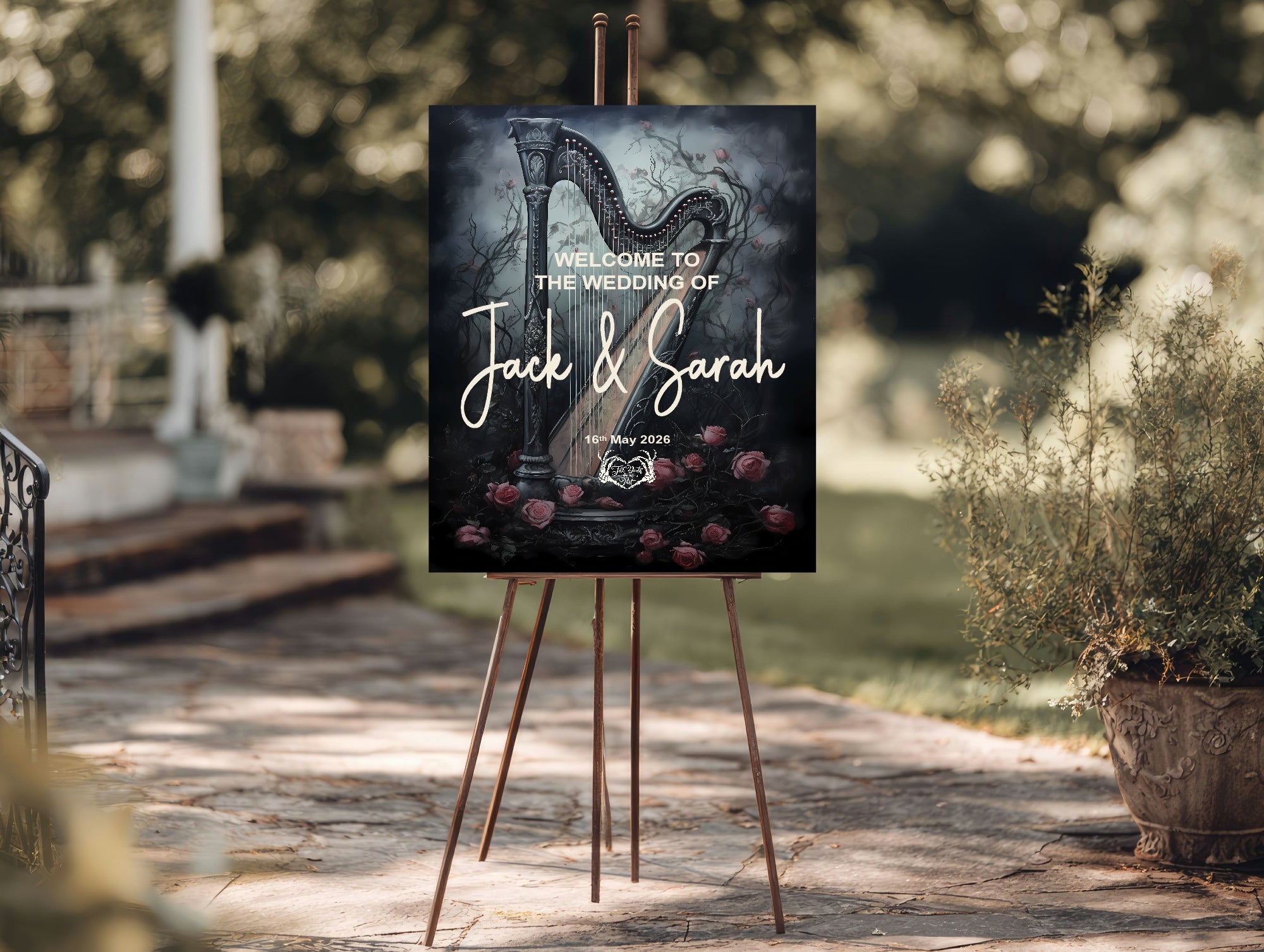 Gothic Floral Harp Welcome To Our Wedding Party Sign