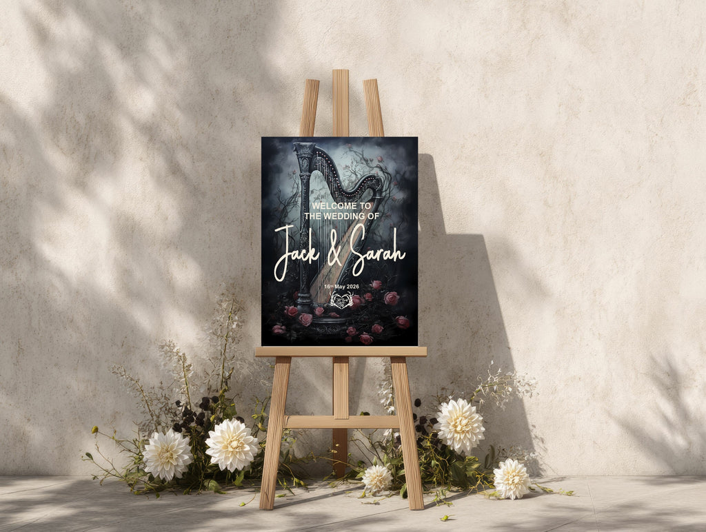 Gothic Floral Harp Welcome To Our Wedding Party Sign