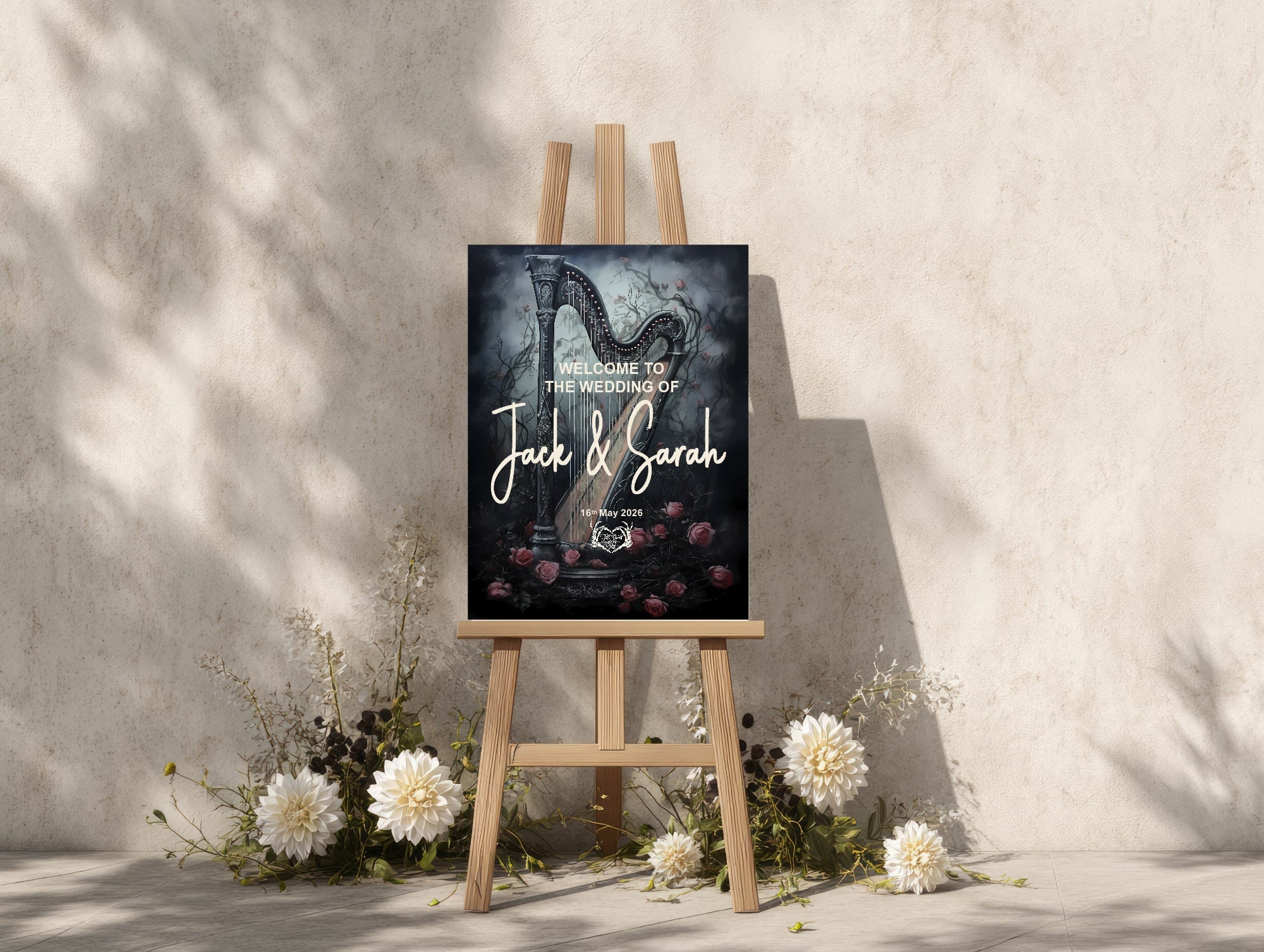 Gothic Floral Harp Welcome To Our Wedding Party Sign