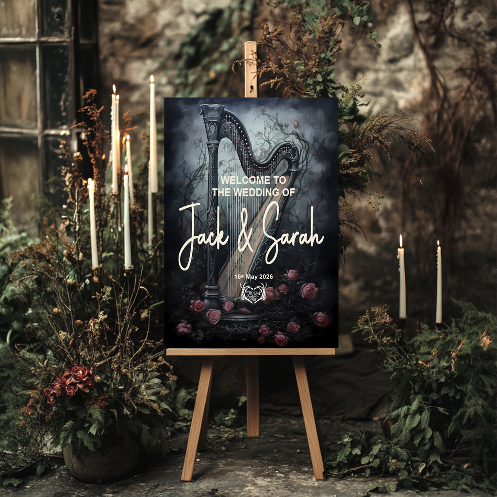 Gothic Floral Harp Welcome To Our Wedding Party Sign