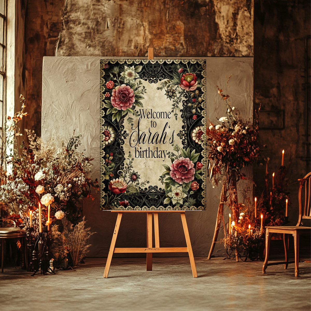 Gothic Floral Birthday Custom Sign - welcome sign design example, image 7