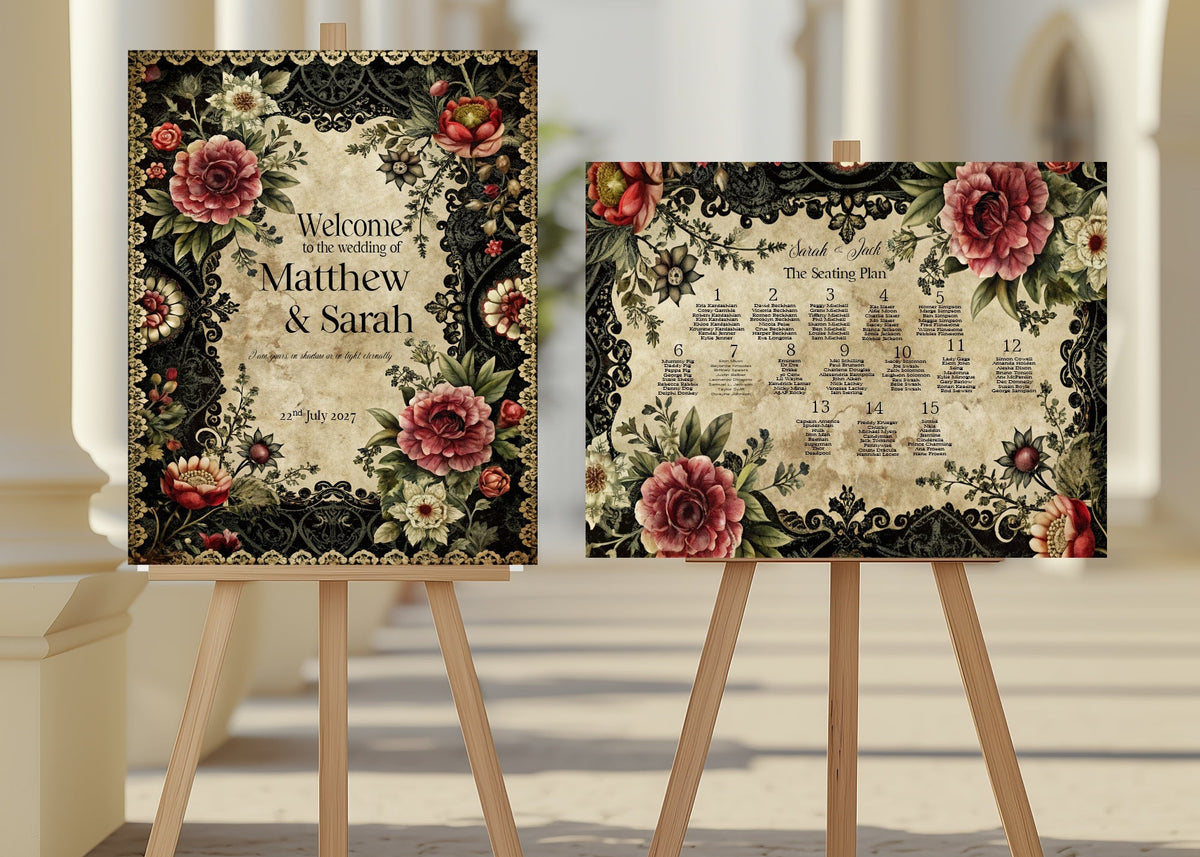 Two personalized wedding event backdrop easels displayed on wooden stands in a bright, sunlit courtyard with classical columns. The left easel features a 'Welcome' sign with a floral border, and the right easel features a seating chart with the same floral design.