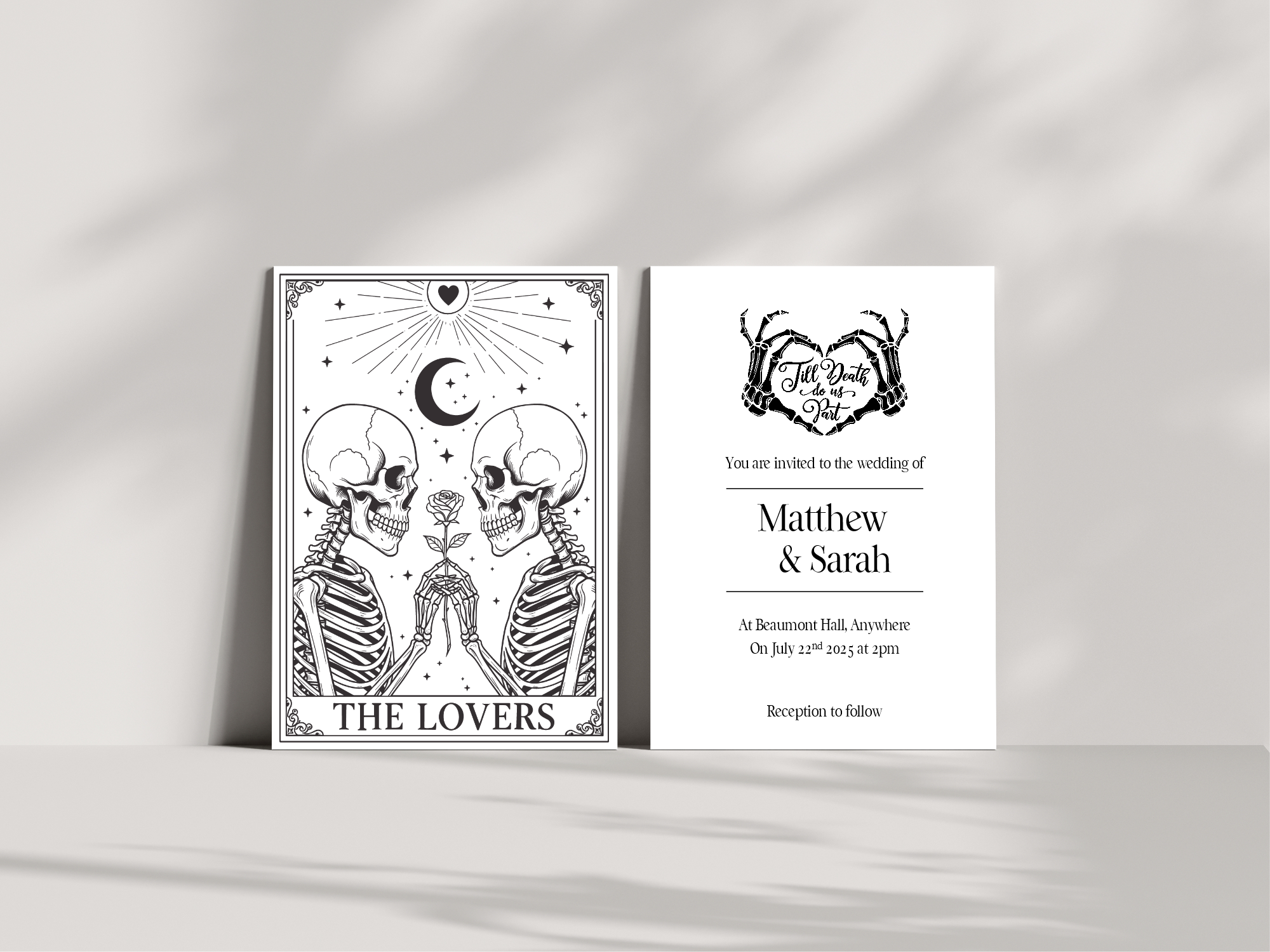 Pack of 10 Custom Gothic Skeleton Heart Tarot Card Wedding Invitations | White