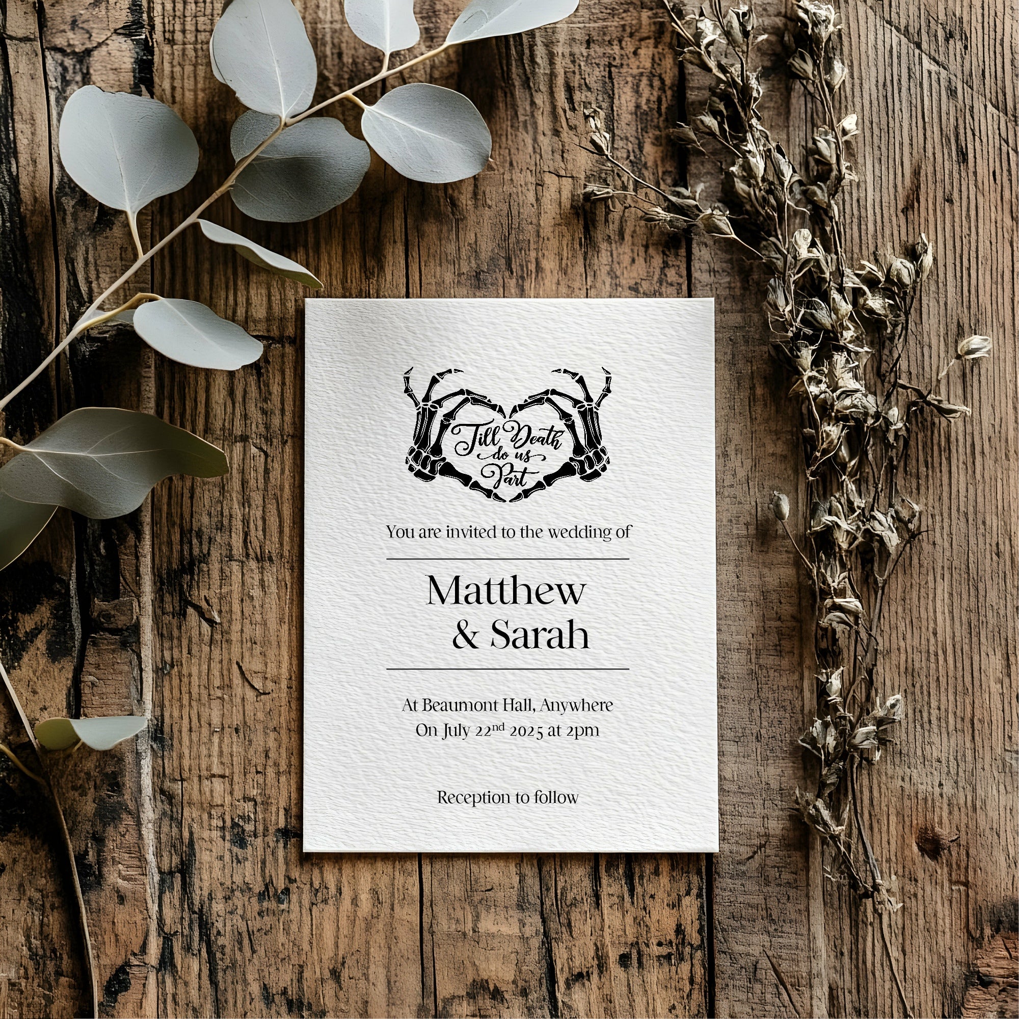 Pack of 10 Custom Gothic Skeleton Heart Tarot Card Wedding Invitations | White