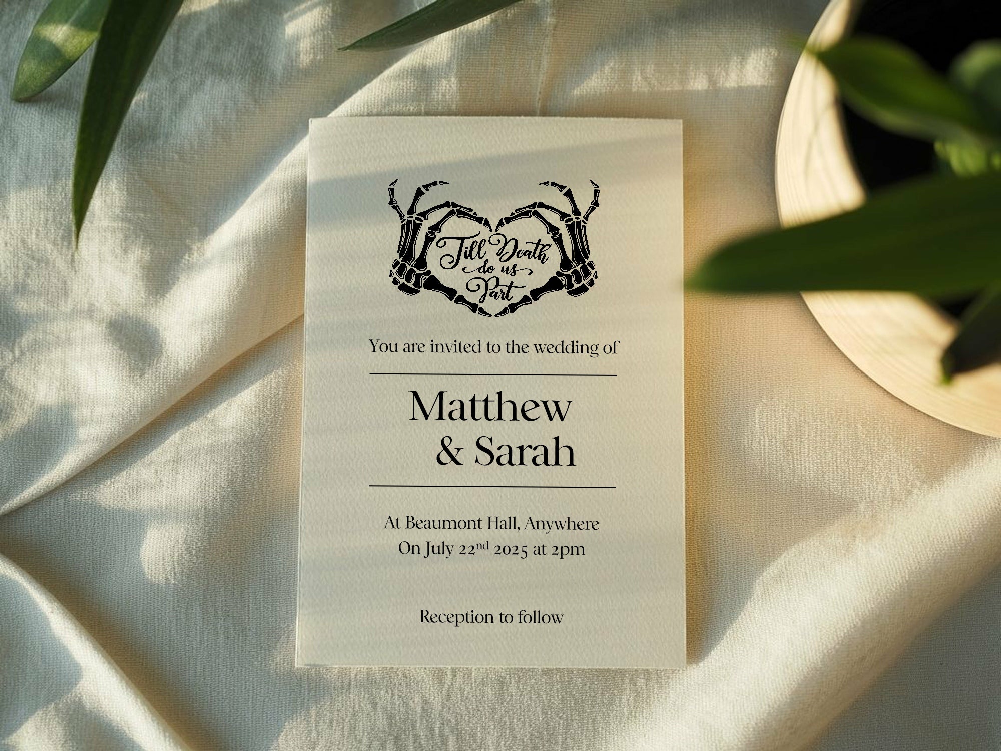 Pack of 10 Custom Gothic Skeleton Heart Tarot Card Wedding Invitations | White