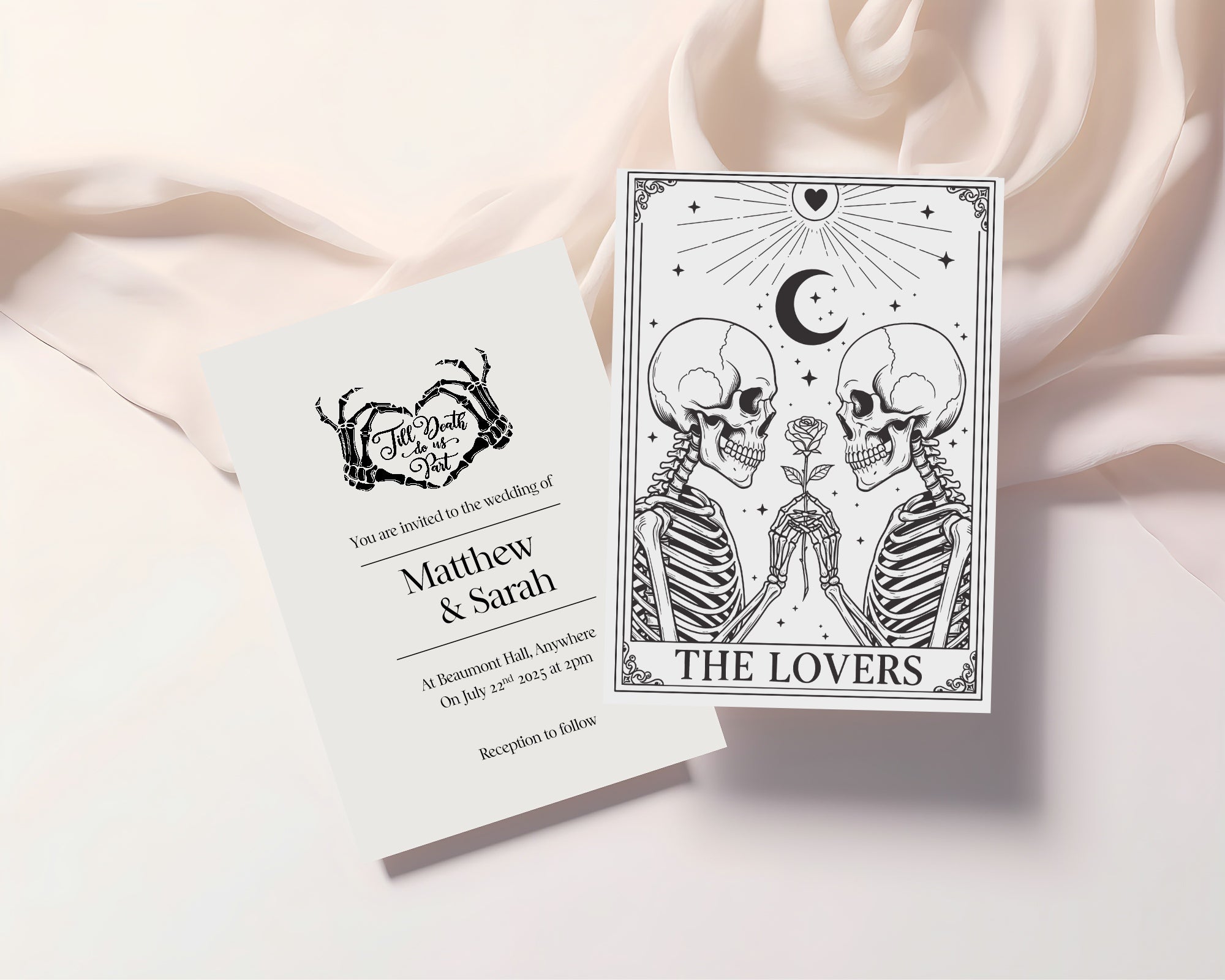 Pack of 10 Custom Gothic Skeleton Heart Tarot Card Wedding Invitations | White