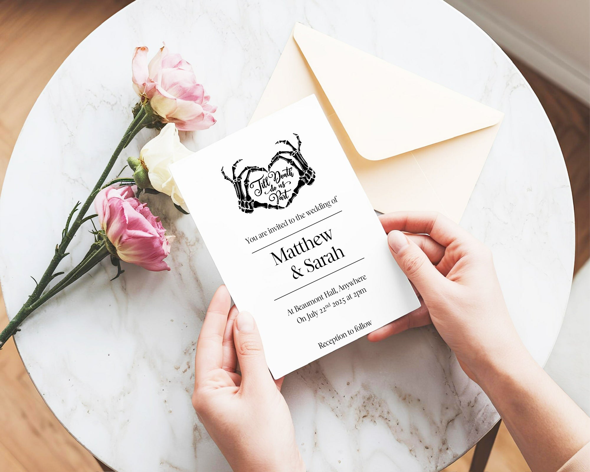 Pack of 10 Custom Gothic Skeleton Heart Tarot Card Wedding Invitations | White