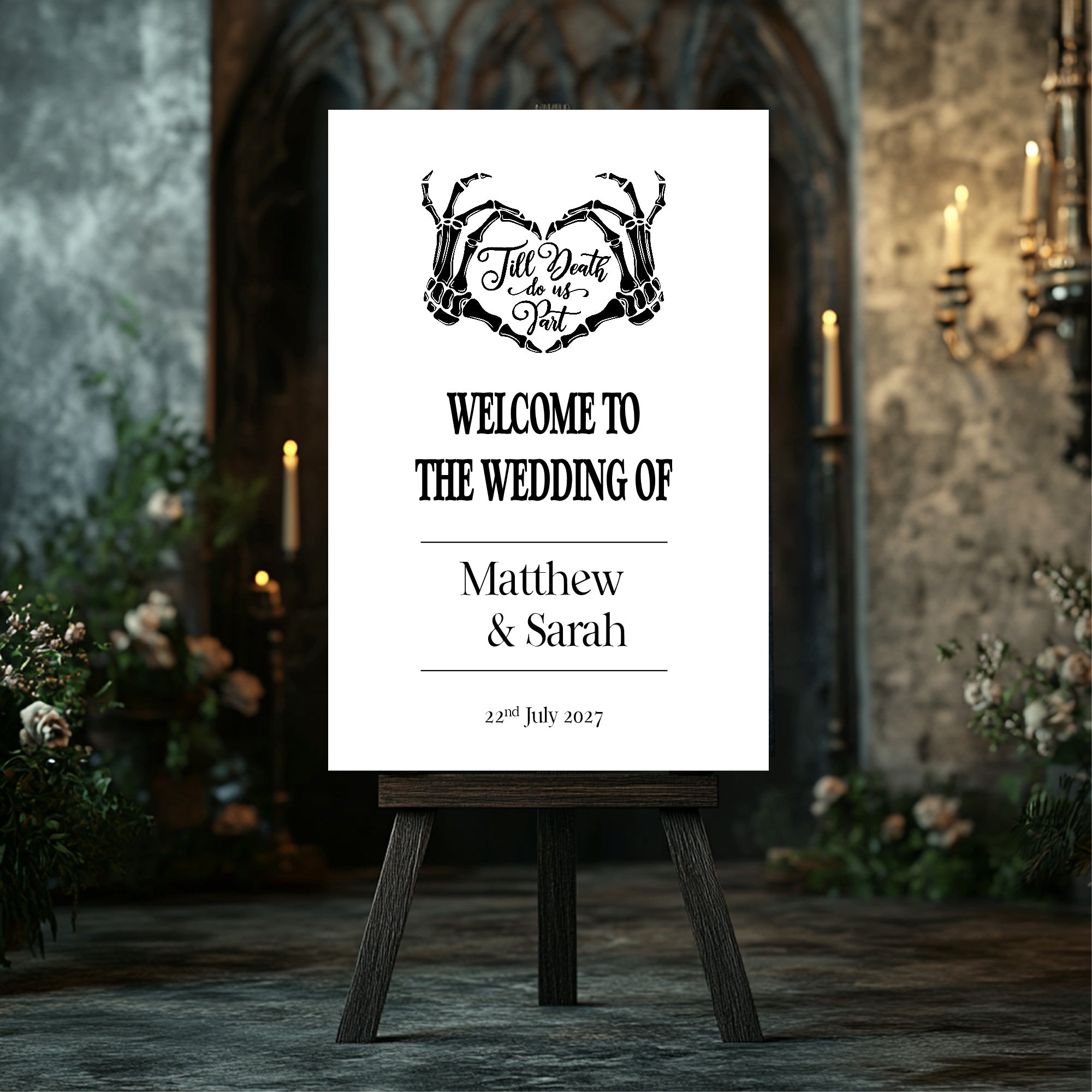 Pack of 10 Custom Gothic Skeleton Heart Tarot Card Wedding Invitations | White