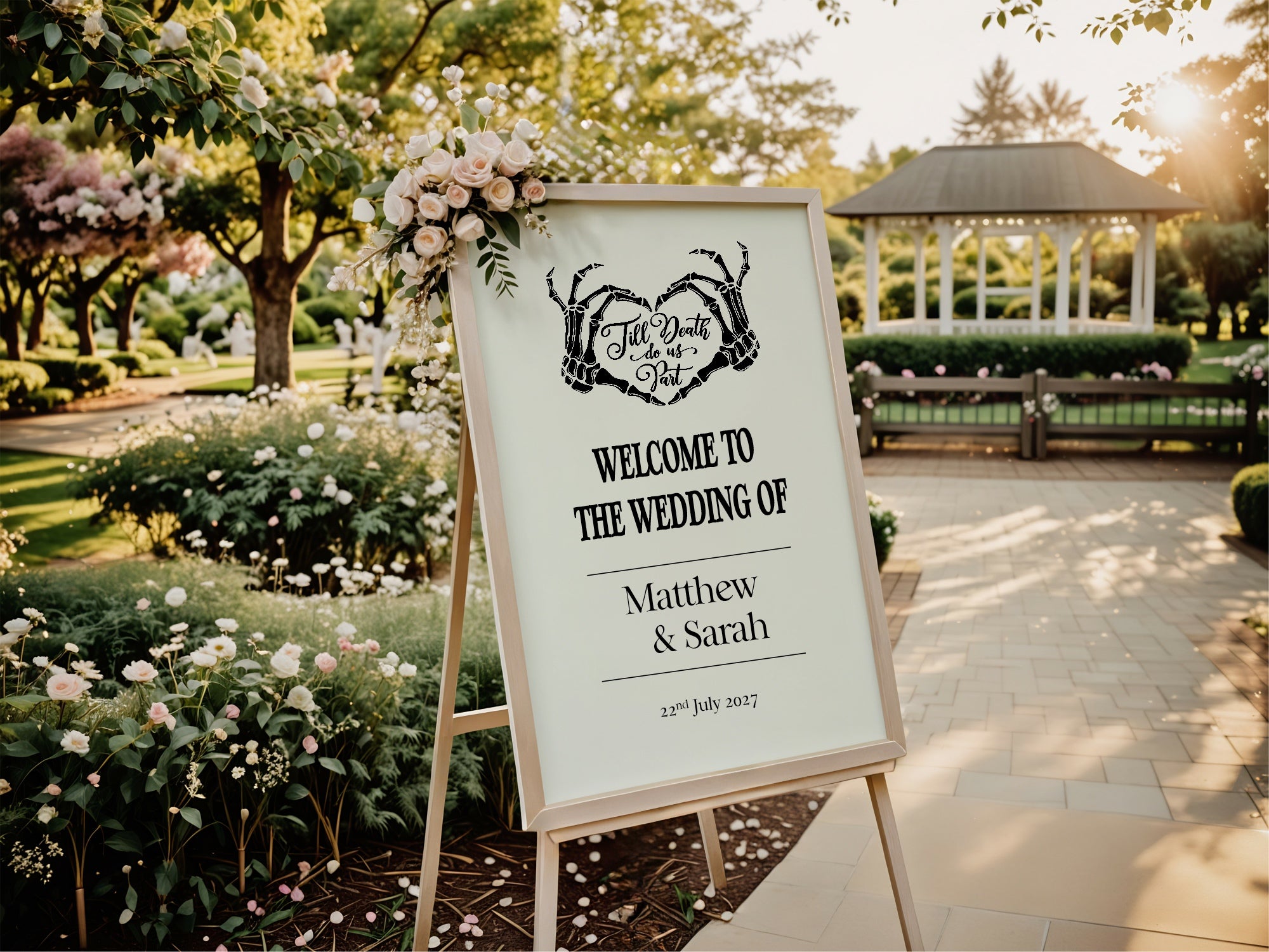 Gothic Dark Romance Skeleton Heart Tarot Card Double Sided Forever Wedding Sign | White