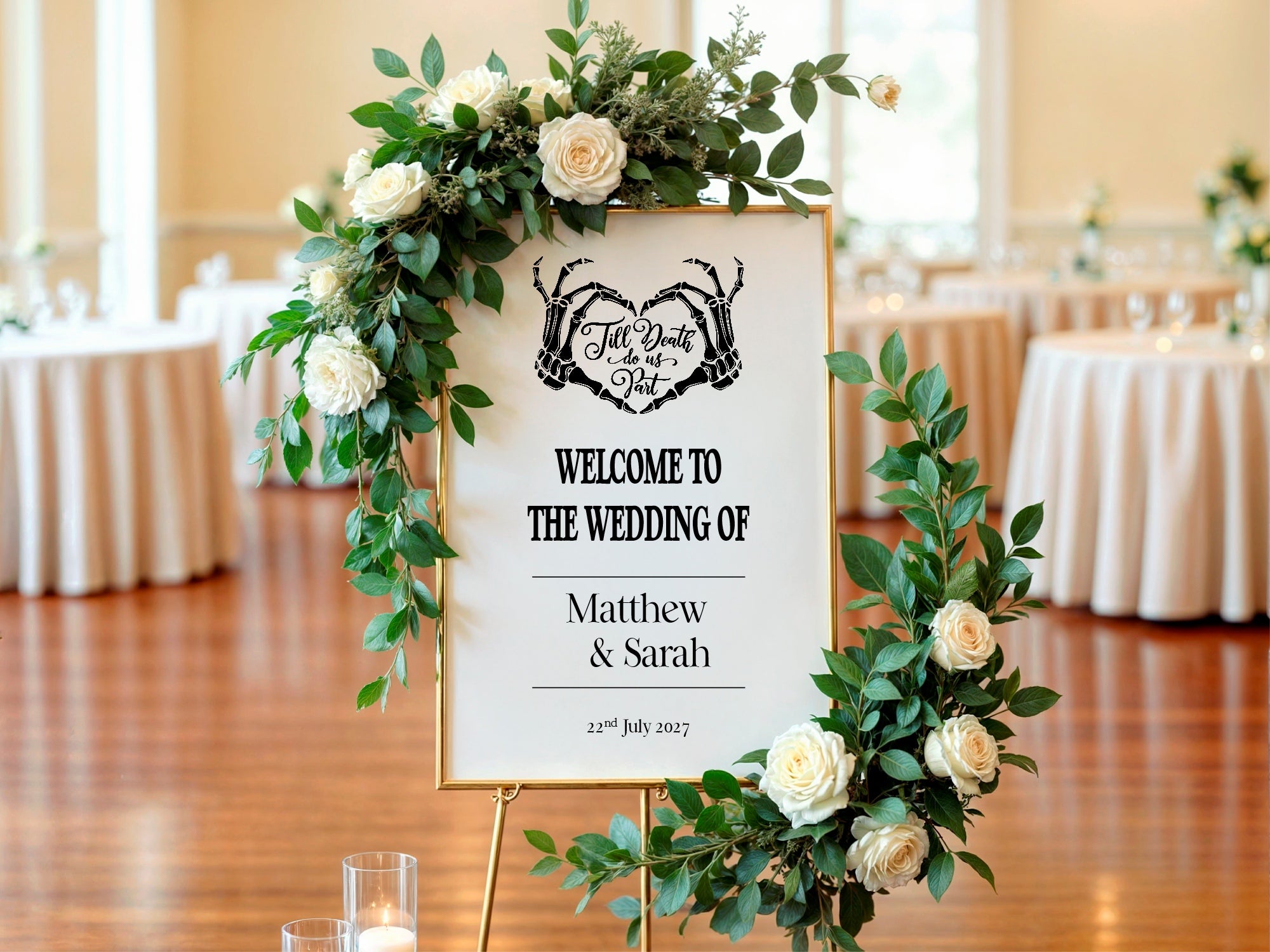 Gothic Dark Romance Skeleton Heart Tarot Card Double Sided Forever Wedding Sign | White