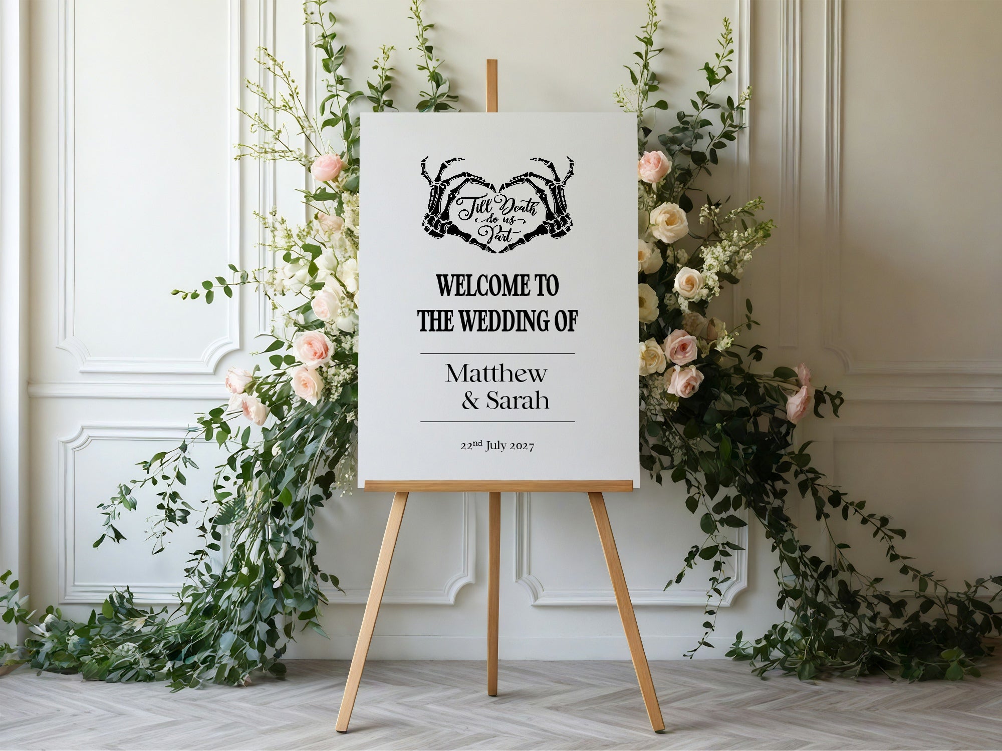 Gothic Dark Romance Skeleton Heart Tarot Card Double Sided Forever Wedding Sign | White