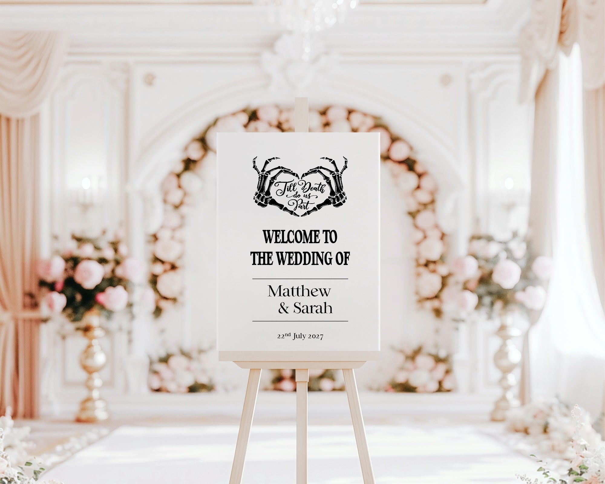 Gothic Dark Romance Skeleton Heart Tarot Card Double Sided Forever Wedding Sign | White