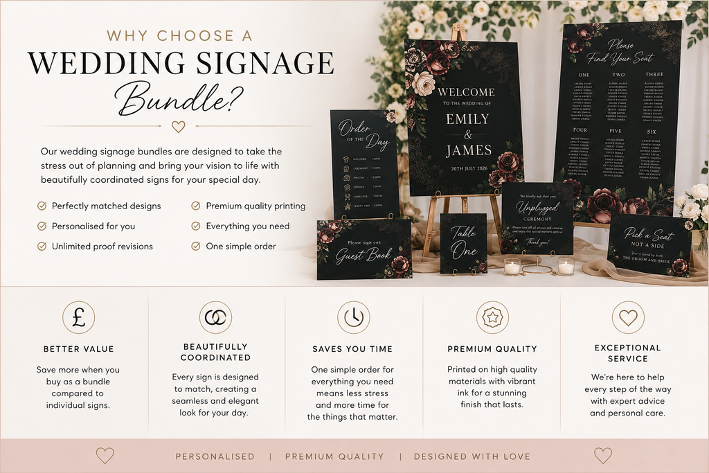 A promotional banner for a wedding signage bundle, showing several coordinated black, white, and floral sign designs arranged on a tabletop, with text explaining the bundle features and listing benefits below.