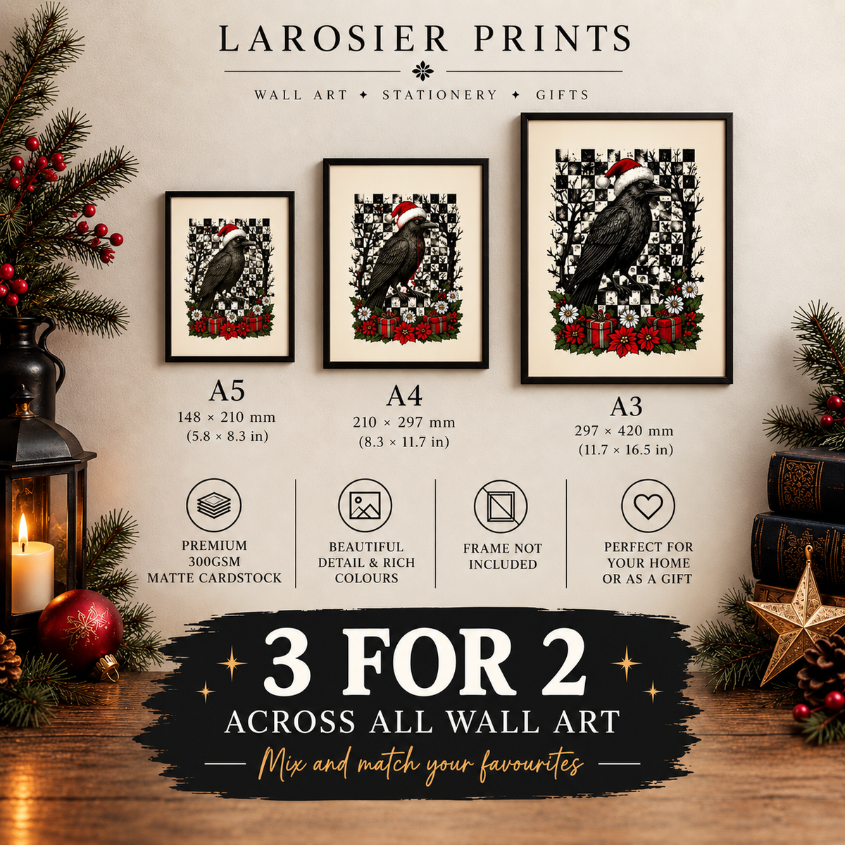 Larosier Prints A5 A4 A3 premium 300gsm wall art size guide and 3 for 2 offer
