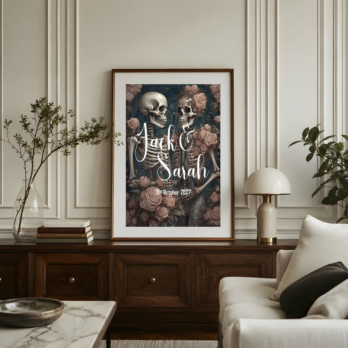 Gothic Skeleton Couple personalised Forever wedding keepsake print, alternative mock-up