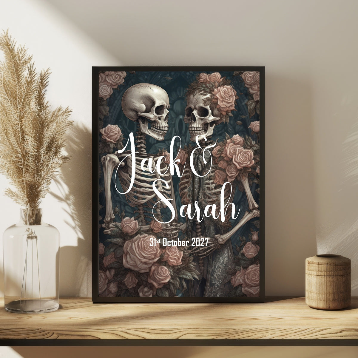Gothic Skeleton Couple personalised Forever wedding keepsake print, featured mock-up