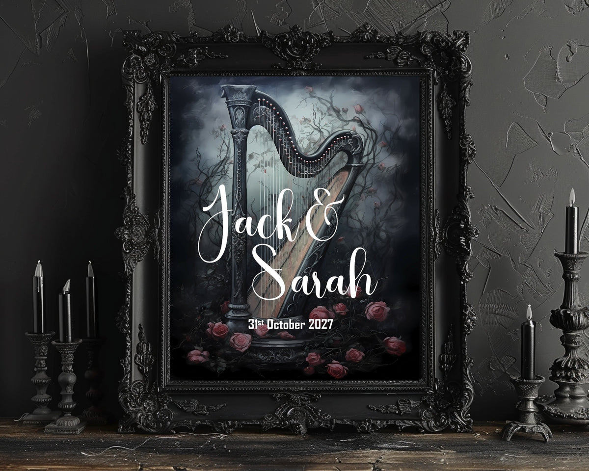 Gothic Harp personalised Forever wedding keepsake print, featured mock-up