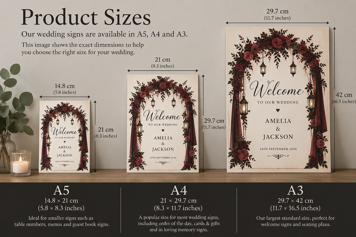 Wedding sign size guide: A5 148 by 210mm, A4 210 by 297mm, A3 297 by 420mm