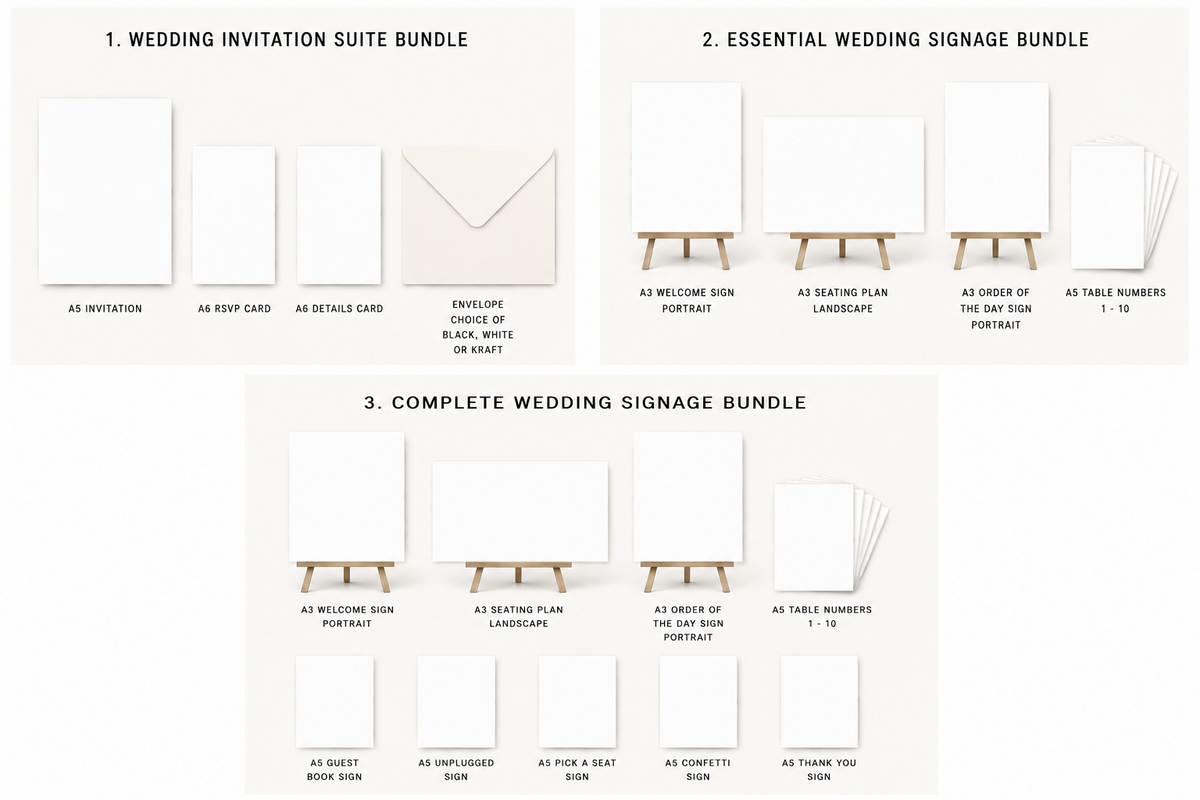 Wedding bundle contents comparison: Essentials includes A3 welcome sign, seating plan and order of the day plus A5 table numbers 1 to 10