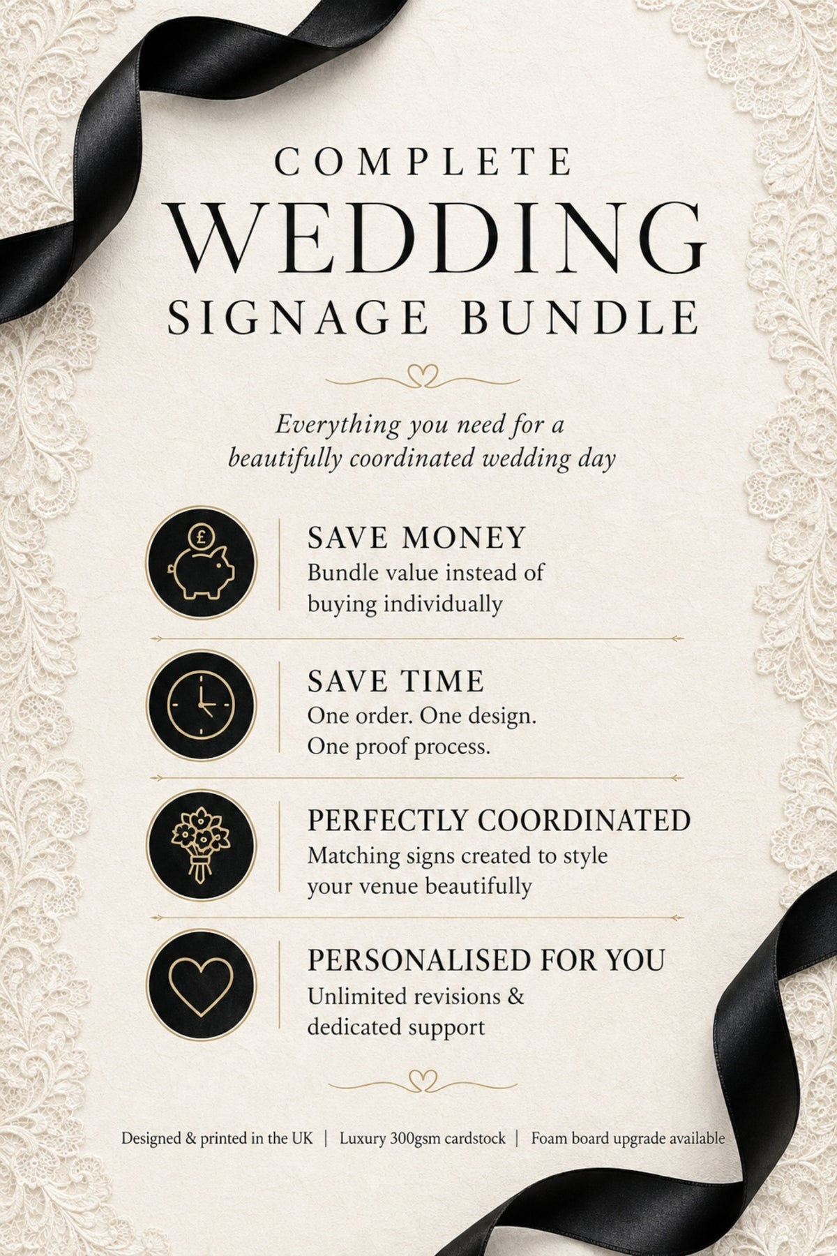 Complete wedding signage bundle benefits: coordinated signs, personalised designs, one order and proof process