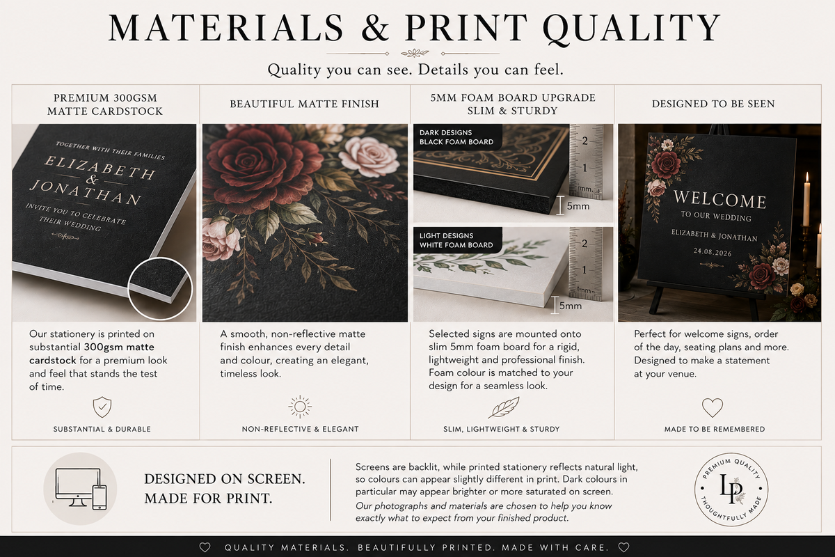 Wedding sign materials and print quality: 300gsm matte cardstock and 5mm foam board