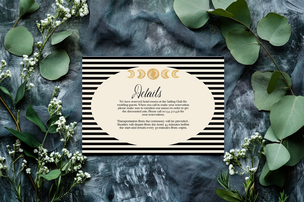 Styled Black Celestial A6 wedding details and enclosure card