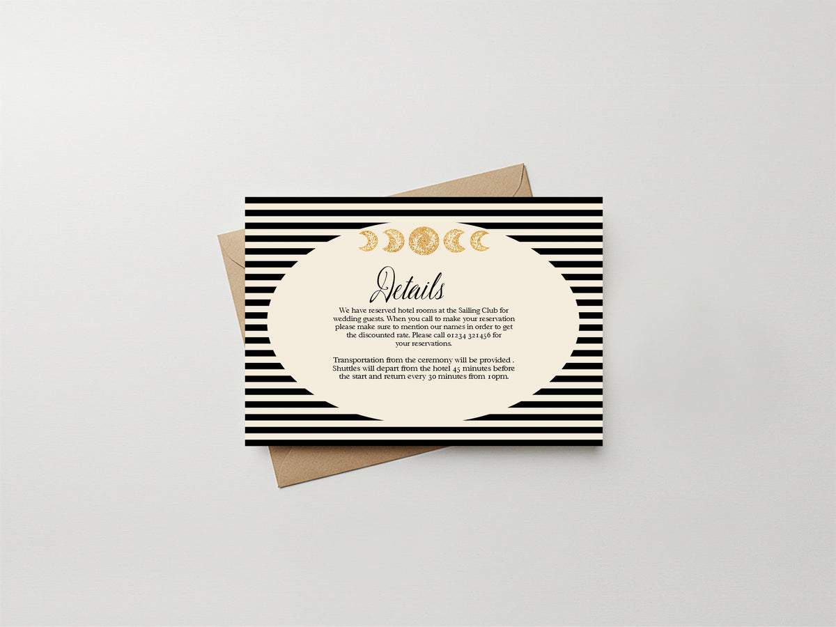 Black Celestial A6 wedding details and enclosure card