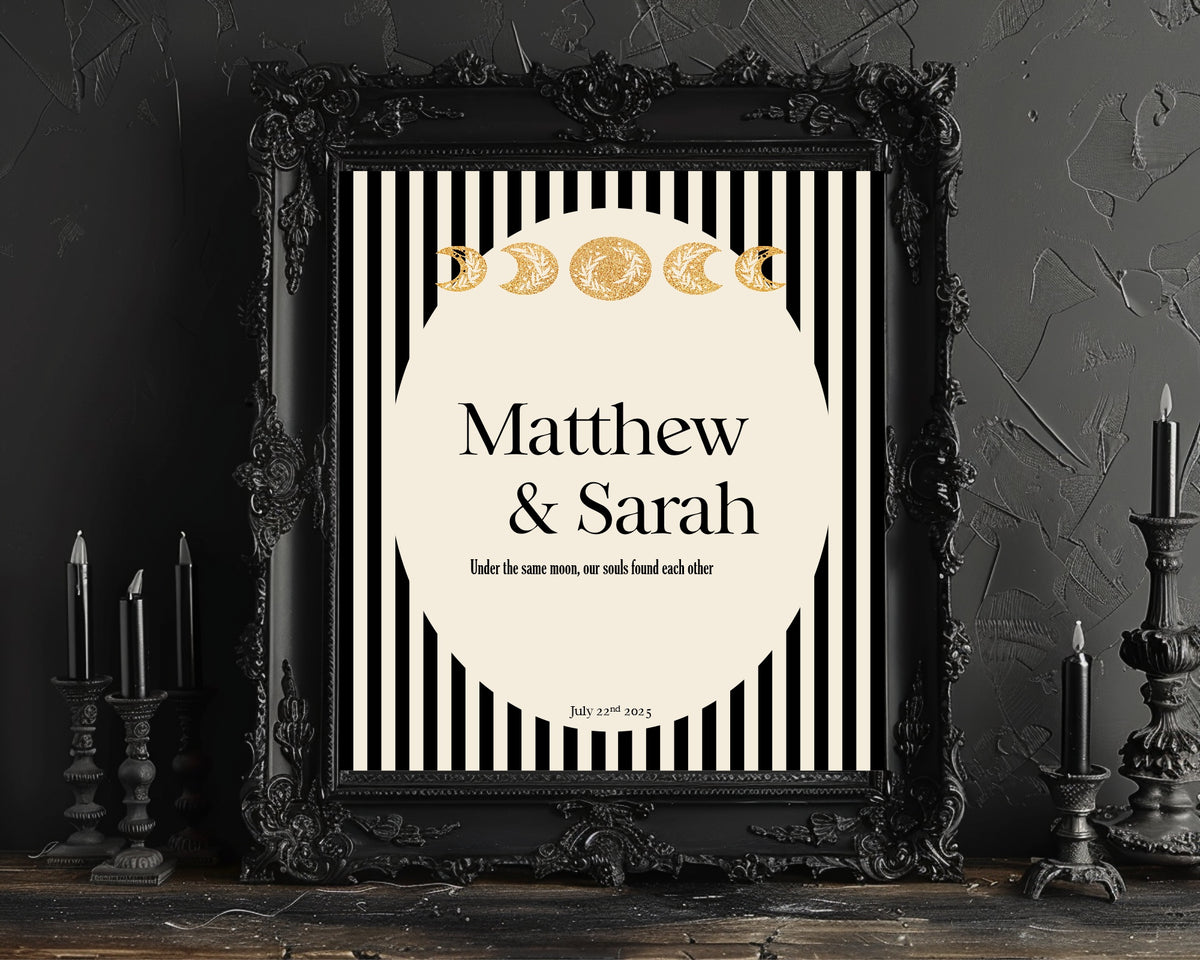Personalised Black Celestial wedding keepsake print in a dark Gothic framed setting