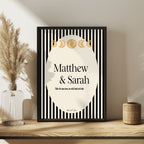 Personalised Black Celestial wedding keepsake print in a light neutral framed setting