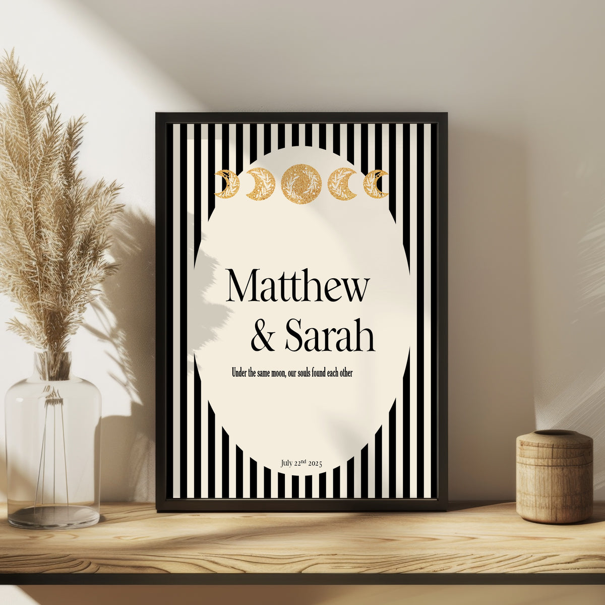 Personalised Black Celestial wedding keepsake print in a light neutral framed setting