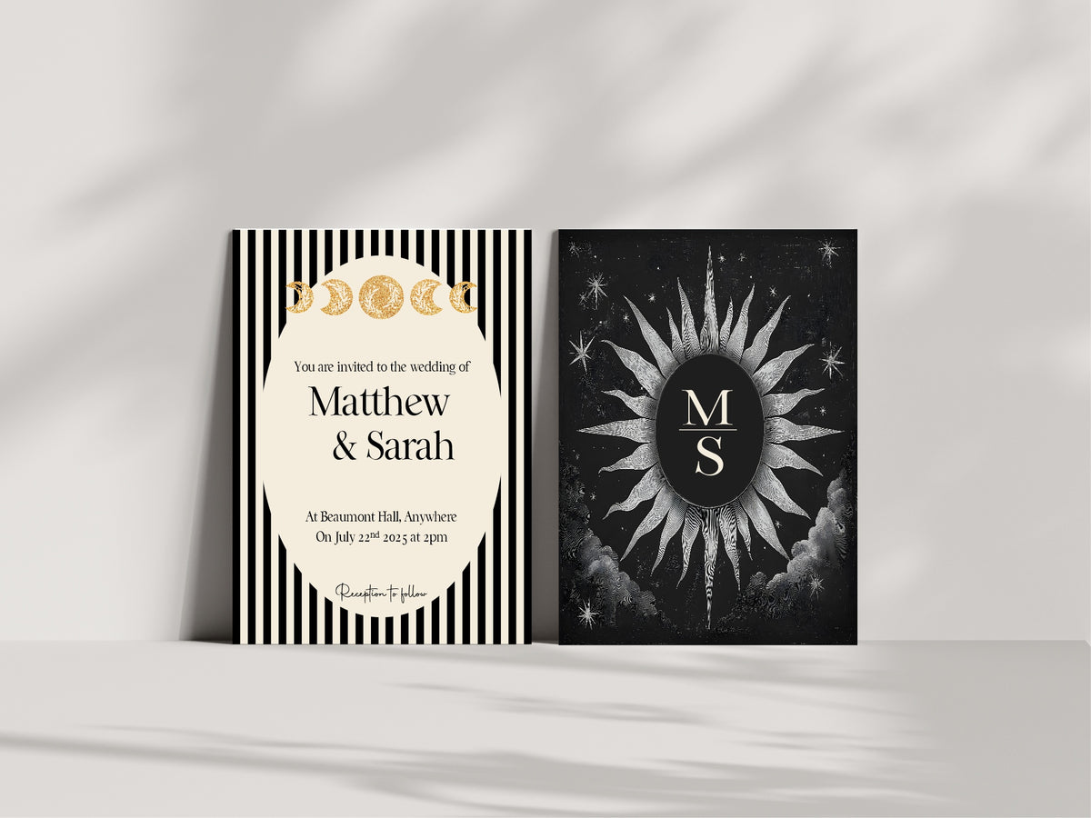 Black Celestial wedding invitation front and moon phase reverse design