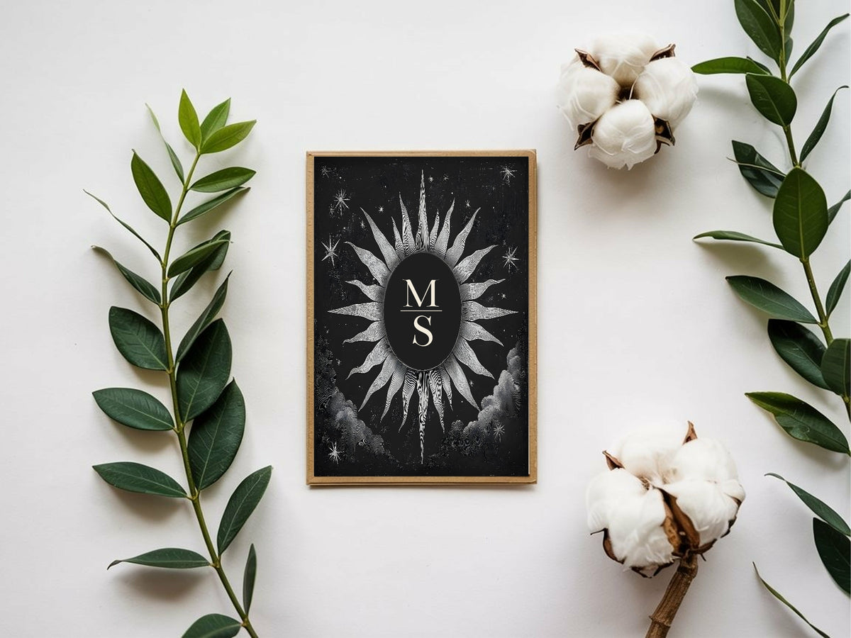 Black celestial moon phase wedding invitation reverse detail