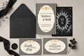 Black Celestial wedding invitation suite with A5 invitation, A6 RSVP and details cards