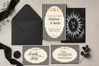 Black Celestial wedding invitation suite with A5 invitation, A6 RSVP and details cards